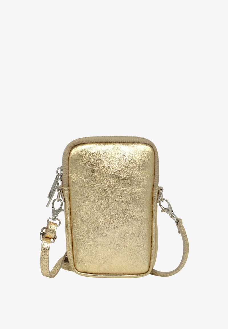 Sac bandoulière métallique doré de forme rectangulaire, texture lisse, fermeture éclair et bandoulière réglable. Détails métalliques argentés.