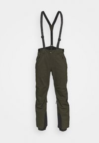 Olivgrön snöbyxor med justerbara svarta hängslen, sidofickor med dragkedja, förstärkta svarta detaljer vid fållarna och en mjuk textur.