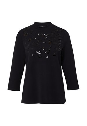Zwarte langwerpige top met lange mouwen, voorzien van een ronde halslijn en een voorkant met zwart en zilver sequins in een luipaardprint patroon. Zachte stoftextuur.