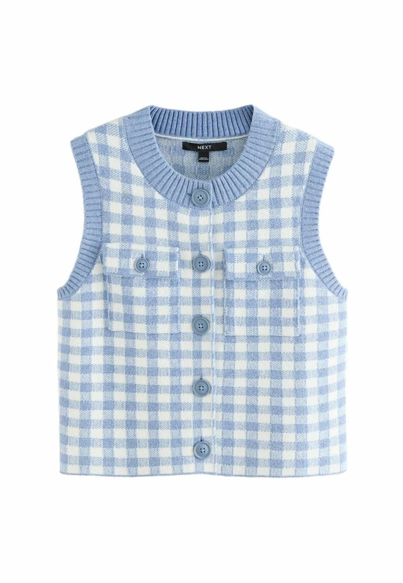 Blå og hvid ternet ærmeløs vest med ribbet halsudskæring, fem knapper og to forlommer. Blød tekstur og klassisk design.