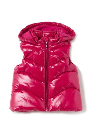 Blank rød puffervest med lynlås foran og polstret hætte, designet til varme og ærmeløs komfort.