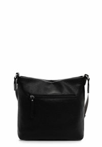 Schwarze, strukturierte Leder-Umhängetasche mit vorderer Reißverschlusstasche und verstellbarem Schulterriemen vor weißem Hintergrund.