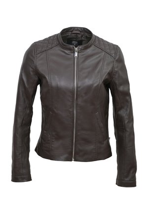 Dunkelbraune Damen-Lederjacke mit Frontreißverschluss, gesteppte Schulterpartien und langen Ärmeln.