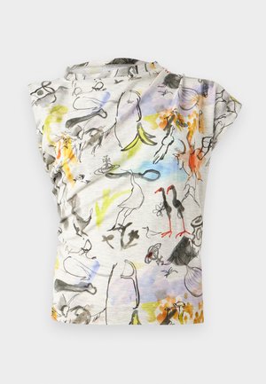 Tricou gri cu mâneci scurte, cu schițe colorate de păsări și modele abstracte, detaliu adunat pe lateral și textură netedă.