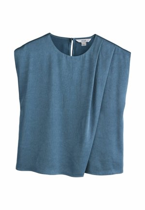 Blue short-sleeved top with a textured fabric, a rounded neckline, and a keyhole back detail, featuring a loose fit and minimalist design.