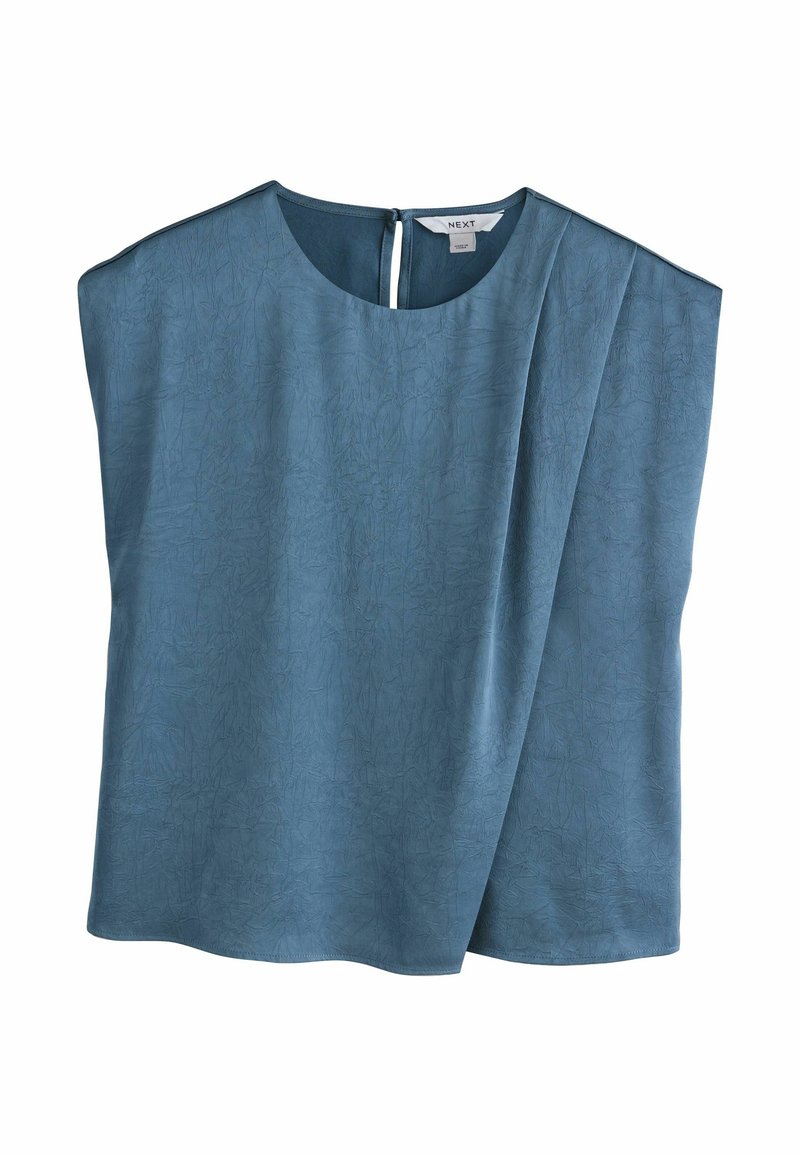 Top blu corto con maniche a sbuffo, realizzato in un tessuto strutturato, con scollatura arrotondata e dettaglio a chiave sulla schiena, caratterizzato da una vestibilità comoda e un design minimalista.