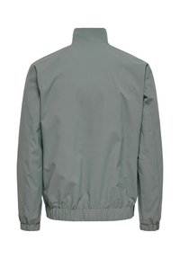 Egyszerű, szürke, könnyű dzseki elasztikus mandzsettákkal és derékpánttal, hátulról látható, magas gallérral és letisztult dizájnnal.