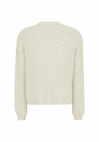Lichtbeige gebreide trui, cropped ontwerp, lange mouwen met geribbelde manchetten, zachte textuur en een eenvoudige afwerking zonder patronen of versieringen.