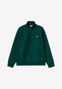 Sudadera verde de media cremallera hecha de una tela suave, con un cuello y puños acanalados, y un pequeño logotipo amarillo en el pecho.