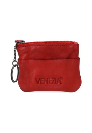 Red leather coin purse with a zip closure, embossed "VENEZIA" logo, and a small metal keyring attached. Smooth texture, compact shape.