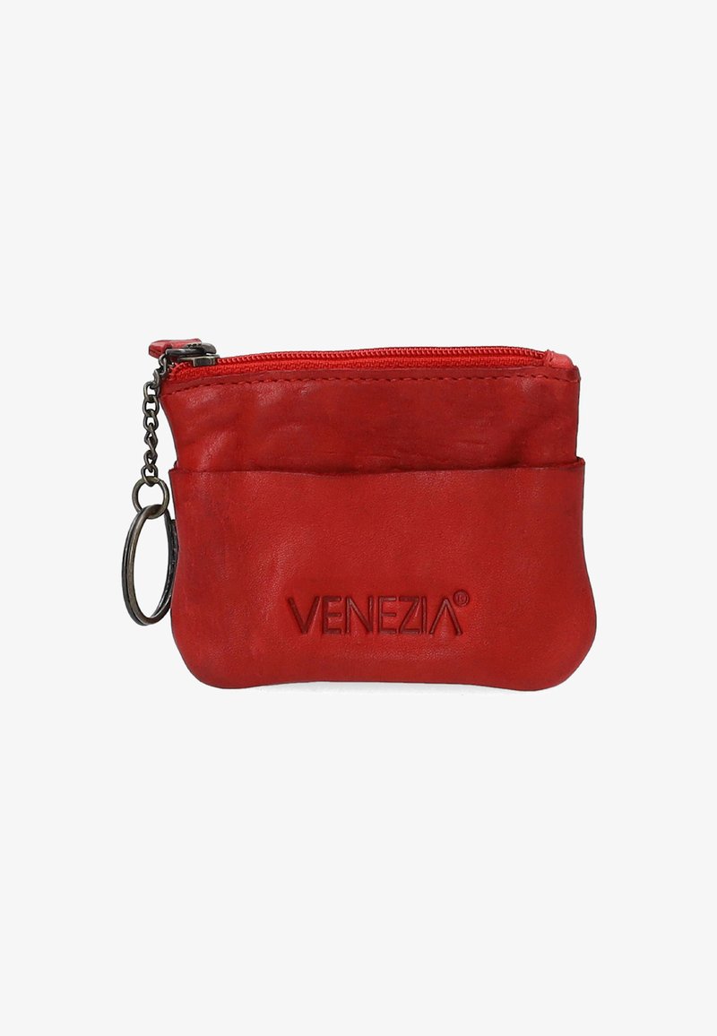 Red leather coin purse with a zip closure, embossed "VENEZIA" logo, and a small metal keyring attached. Smooth texture, compact shape.