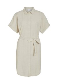 Svijetlosmeđa lanena haljina s kratkim podvrnutim rukavima, prednjim dugmadima i remenom za vezanje u struku. Glatka tekstura s suptilnim uzorkom.