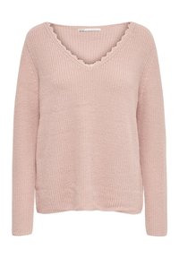 Różowy sweter z dzianiny z dekoltem w kształcie V i falbankowym wykończeniem. Posiada długie rękawy i teksturowany materiał. Casualowy krój z prostym dołem.