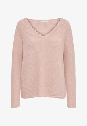 Pletený růžový svetr s výstřihem do V a vlnitým lemem. Má dlouhé rukávy a strukturovanou látku. Volný střih s rovním lemem.