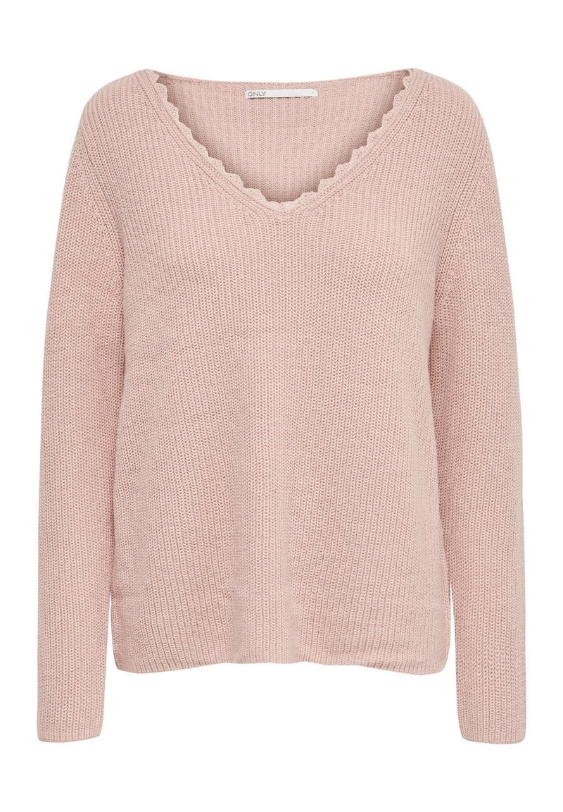 Różowy sweter z dzianiny z dekoltem w kształcie V i falbankowym wykończeniem. Posiada długie rękawy i teksturowany materiał. Casualowy krój z prostym dołem.