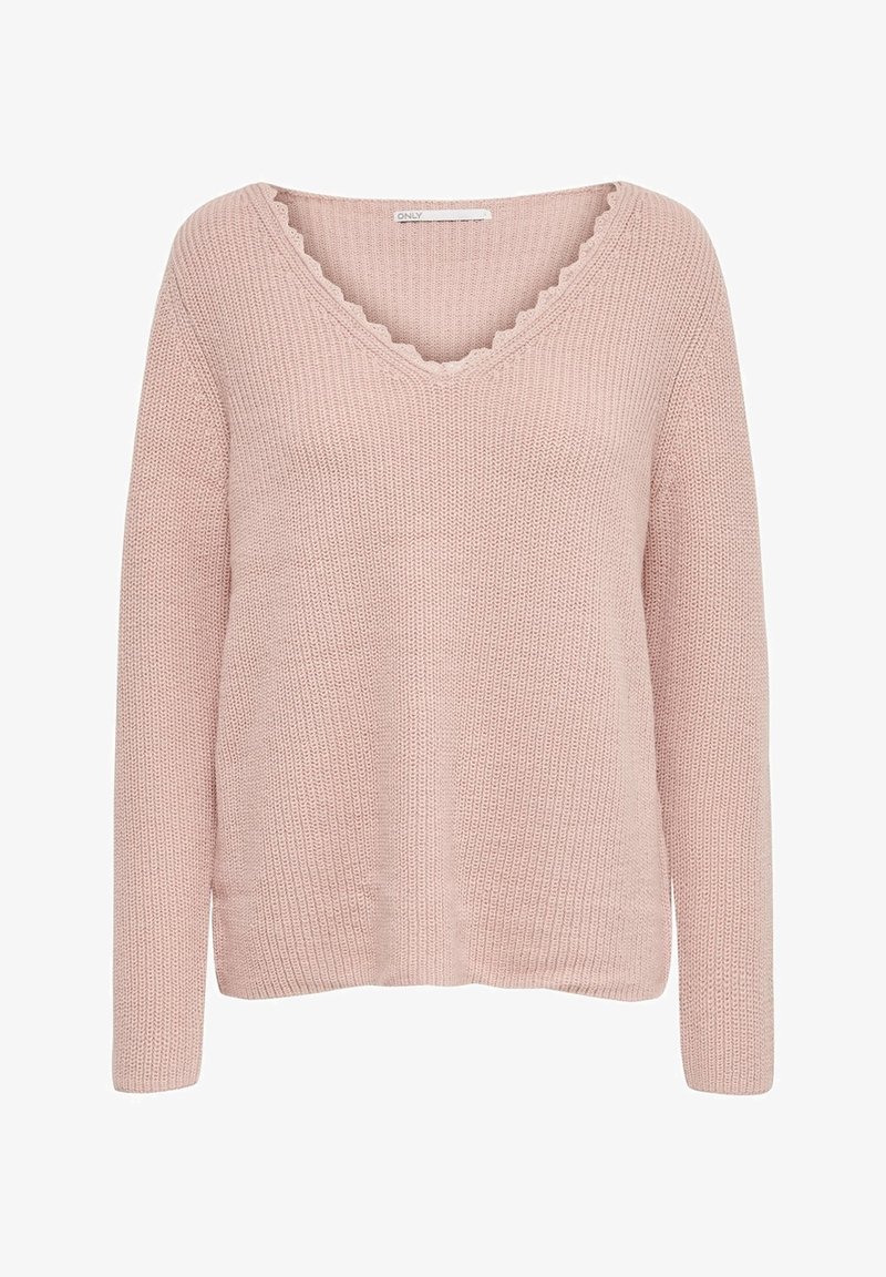 Różowy sweter z dzianiny z dekoltem w kształcie V i falbankowym wykończeniem. Posiada długie rękawy i teksturowany materiał. Casualowy krój z prostym dołem.