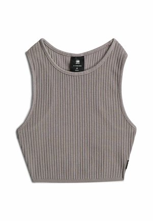 Mouwloze cropped geribbelde gebreide top in taupe met ronde hals en G-Star Raw label binnen in de kraag, maat 12.