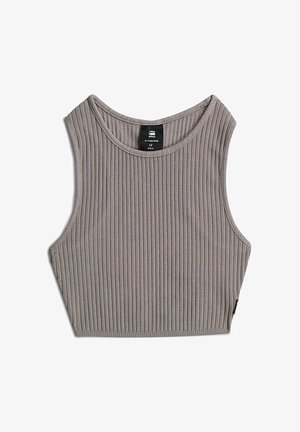 Bez rękawów krótki prążkowany sweterek w kolorze taupe z okrągłym dekoltem i metką G-Star Raw wewnątrz kołnierza, rozmiar 12.