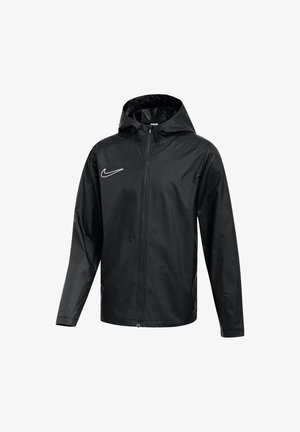 Zwarte Nike windbreaker jacket met een capuchon, volledige ritssluiting en witte logo-accent op de linkerborst. Glad, lichtgewicht stof.
