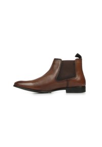 Bottines en cuir marron avec des panneaux latéraux élastiques, bout rond et une languette à l'arrière ; texture lisse et semelle noire.
