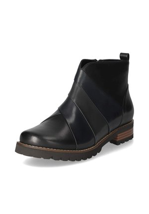 Schwarzer Lederknöchelstiefel mit mehrschichtigem Design, seitlichem Reißverschluss, Zuglasche, braunem Absatz und robuster Sohle auf weißem Hintergrund.