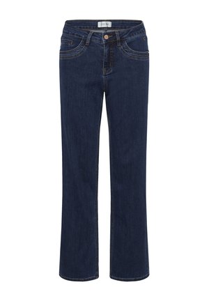 Dunkelblaue Denim-Jeans mit geradem Bein-Design, Fünf-Taschen-Stil und kontrastierender Naht. Sie verfügen über einen Knopfverschluss und ein Etikett am Bund.