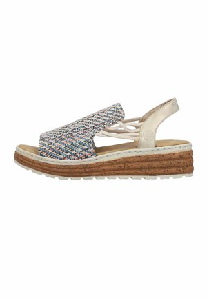 Klinové sandály s korkovou podrážkou, vícebarevným tkaným předním popruhem, béžovým zadním popruhem a elastickými bočními pásky pro pevné uchycení.