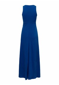 Robe bleu roi sans manches, longue jusqu'au sol, avec une taille cintrée et un tissu droit et lisse tombant du corsage à l'ourlet.