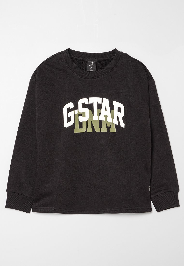 Sudadera negra de cuello redondo con los logotipos en blanco "G-STAR" y en verde "DNMR" impresos en el pecho, puños y dobladillo acanalados.