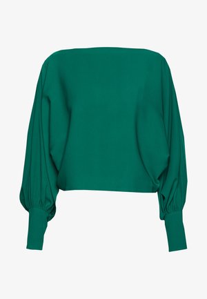 Kort grøn sweatshirt med pufærmer i lang længde, lavet af et glat stof. Har en bred halsudskæring og ribbet manchetter.