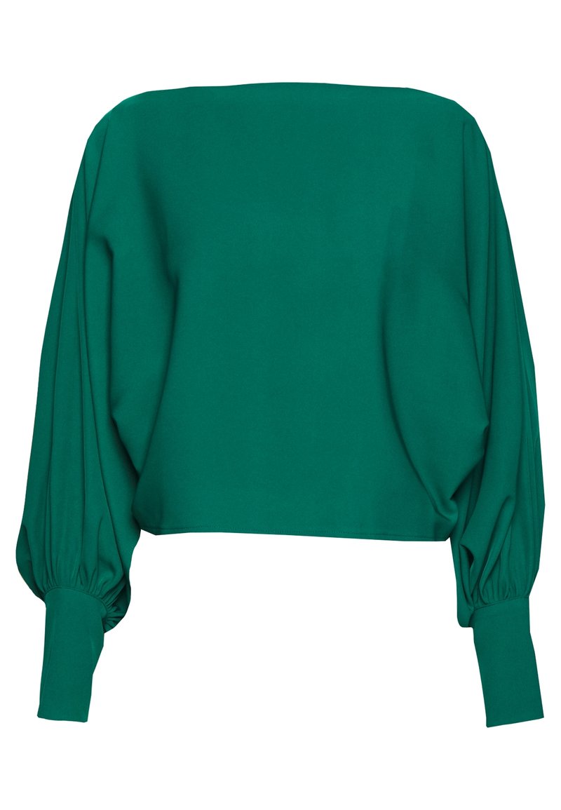 Sweat-shirt vert court avec manches longues bouffantes, en tissu lisse. Dispose d'un large col et de poignets côtelés.