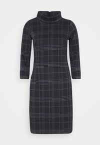 Knälång klänning med hög krage, med ett marinblått och rutigt mönster med bruna och ljusblå linjer. Tillverkad av mjukt, stretchy material.