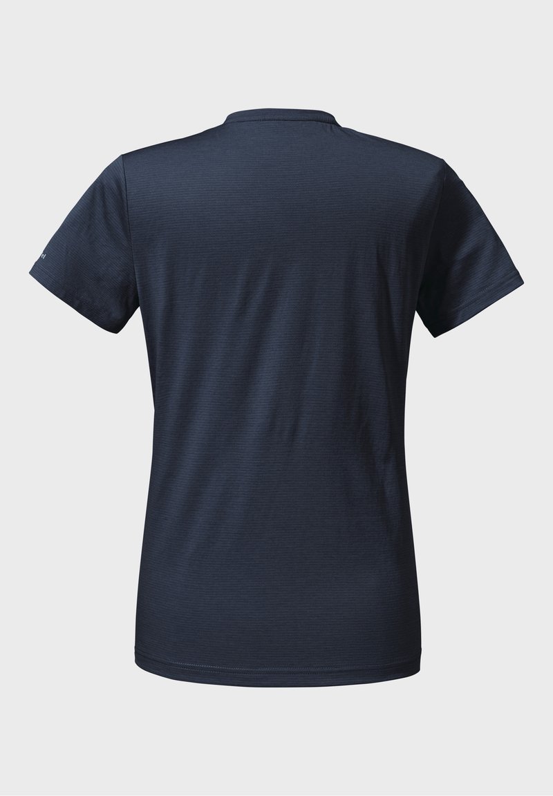 Lahke navy blue majica s kratkimi rokavi, izdelana iz teksturiranega blaga, z okroglo ovratnico in brez vidnih logotipov na hrbtni strani.