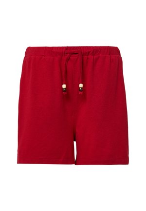 Rode katoenen shorts met een elastische tailleband en een koord, met houten kralen als accenten. Eenvoudige, rechte snit zonder zakken.