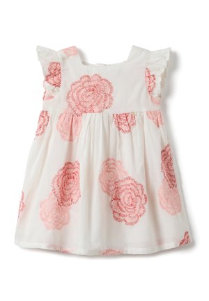 Weißes ärmelloses Kleinkindkleid mit rosa Blumenstickerei und Schulterdetails mit Rüschen, geraffter Rock.