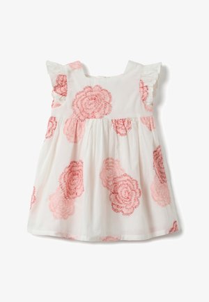 Vestito bianco senza maniche per bambino piccolo con ricamo floreale rosa e dettagli arricciati sulle spalle, gonna plissettata.