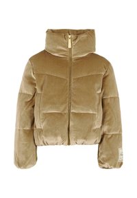 Giacca cropped in velluto color marrone chiaro, con colletto alto, zip dorata e design trapuntato con cuciture a vista e etichetta con marchio.