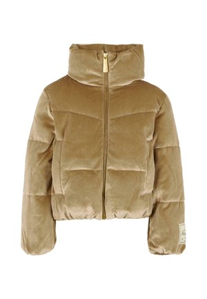 Veste courte en velours marron clair, dotée d'un col montant, d'une fermeture éclair dorée et d'un design matelassé avec des coutures visibles et une étiquette de marque.