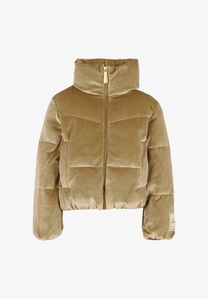 Giacca cropped in velluto color marrone chiaro, con colletto alto, zip dorata e design trapuntato con cuciture a vista e etichetta con marchio.