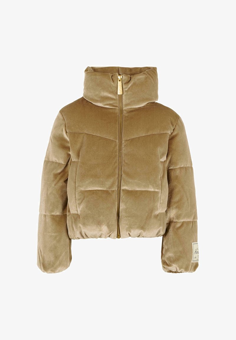 Giacca cropped in velluto color marrone chiaro, con colletto alto, zip dorata e design trapuntato con cuciture a vista e etichetta con marchio.