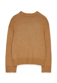 Bruine gebreide crewneck trui met lange mouwen en geribde manchetten en zoom, vlak gelegd zodat de achterkant zichtbaar is.