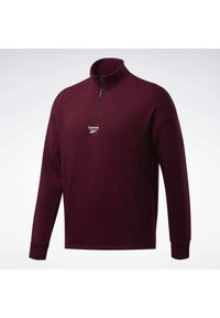 Sweat-shirt Reebok bordeaux à demi-zip avec manches longues, poche kangourou avant et logo blanc sur la poitrine.