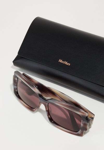 Max Mara sunglasses with a tortoiseshell frame, brown-tinted lenses, and a sleek black leather case featuring a gold logo.