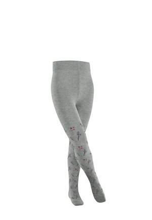 Graue Strumpfhose mit floralem Muster in Pink und Lila, gefertigt aus weichem, strukturiertem Material, mit einem bequemen Bund.