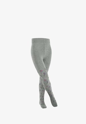 Graue Strumpfhose mit floralem Muster in Pink und Lila, gefertigt aus weichem, strukturiertem Material, mit einem bequemen Bund.