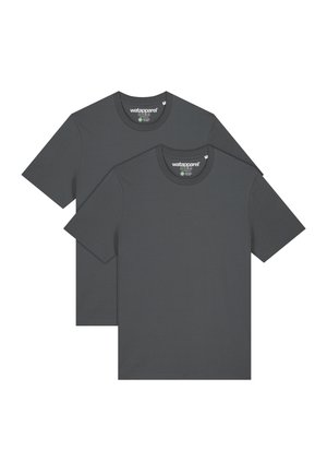 Zwei graue kurzärmlige T-Shirts, die zusammen ausgestellt sind. Rundhalsausschnitt, glatte Textur, aus leichtem Stoff gefertigt.