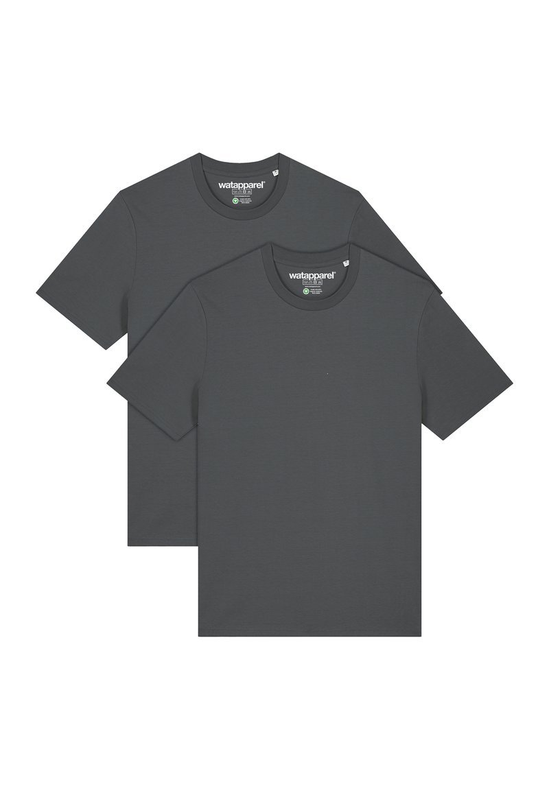 Zwei graue kurzärmlige T-Shirts, die zusammen ausgestellt sind. Rundhalsausschnitt, glatte Textur, aus leichtem Stoff gefertigt.