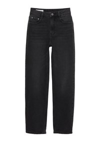 Jean noir taille haute à jambes droites avec bouton sur le devant, fermeture éclair et design cinq poches sur fond blanc.