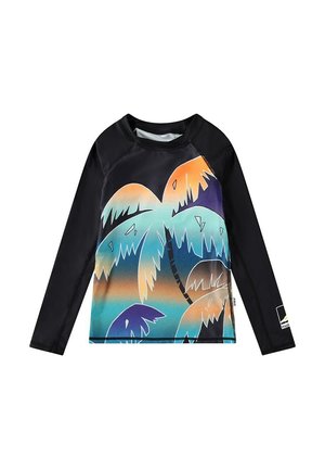 Rash guard a maniche lunghe con tessuto nero e una grafica colorata di palme in teal, arancione e viola sulla parte anteriore, con uno sfondo a gradiente.