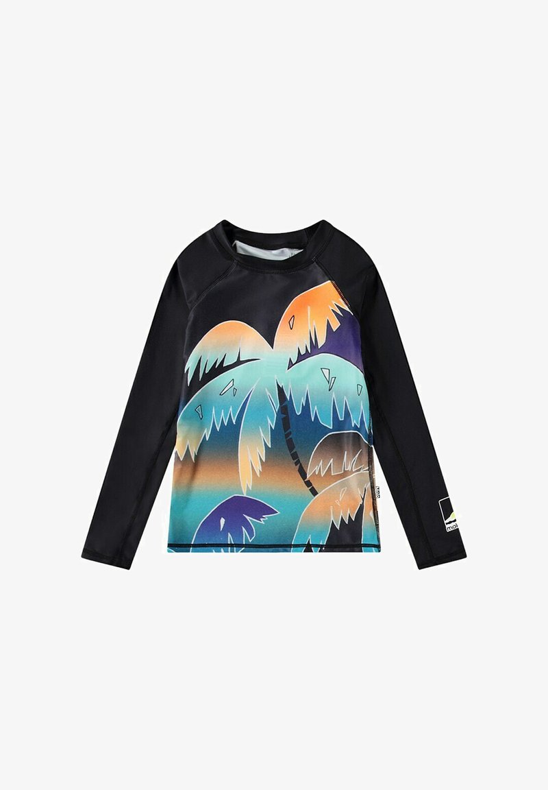 Langshemd rash guard met zwarte stof en een kleurrijke palmboomgrafiek in teal, oranje en paars aan de voorkant op een verloopachtergrond.